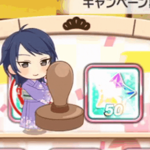 a girl in a purple kimono is holding a wooden stamp