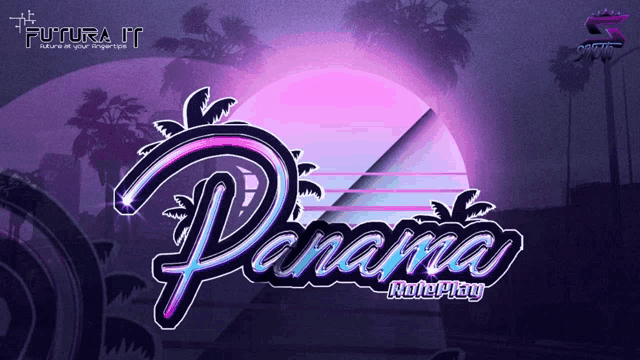 a poster for panama roleplay shows a sunset and palm trees