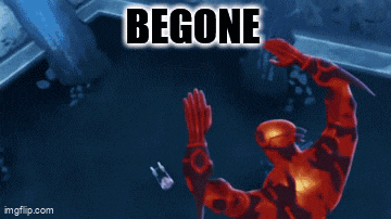 a cartoon of a red monster with the words begone below it