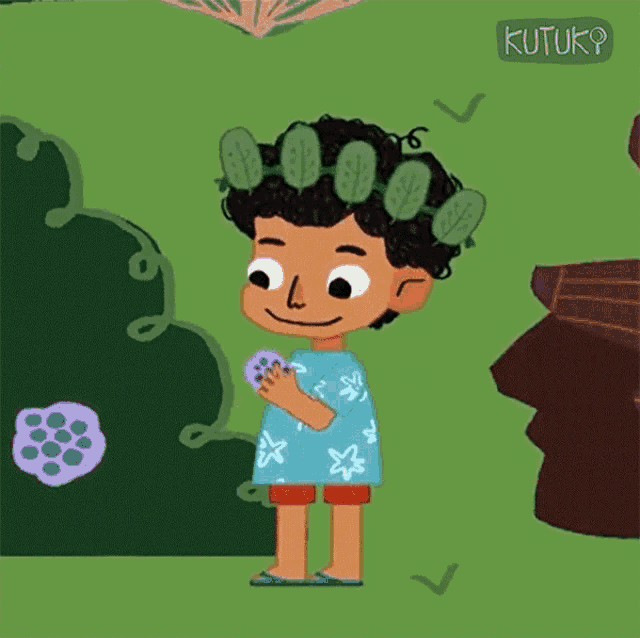 a cartoon drawing of a boy wearing a wreath of cucumbers on his head with the word kutuk below him