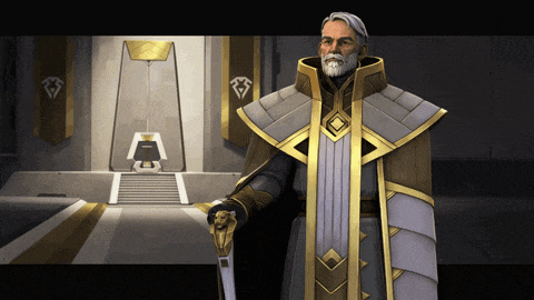 a man with gray hair and a beard is standing in front of a throne