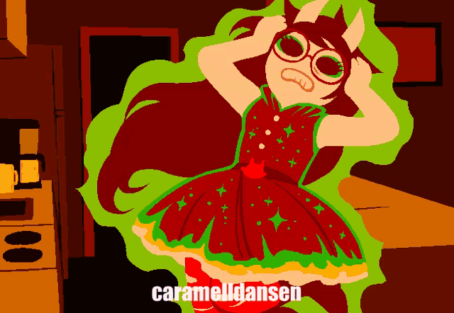 a cartoon of a girl in a red and green dress with the words carameldansen on the bottom right