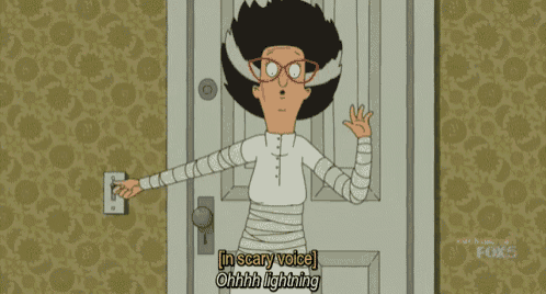 a cartoon character says in scary voice ohhhh lightning in front of a door