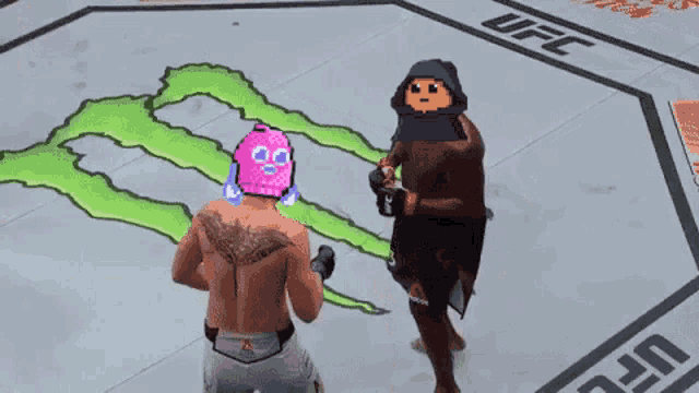 two men are fighting in a boxing ring with a monster energy logo on the floor .