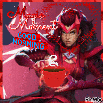 a picture of a woman holding a cup of coffee with the words magic moment good morning below her