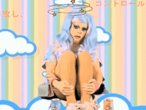 a woman in a blue wig sits on the floor with a can of soda in front of her