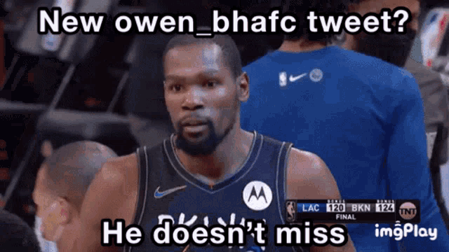 a man in a basketball uniform says new owen_bhafc tweet