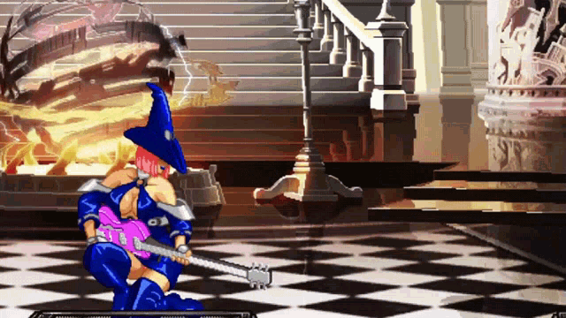 a woman in a witch hat is playing a pink guitar