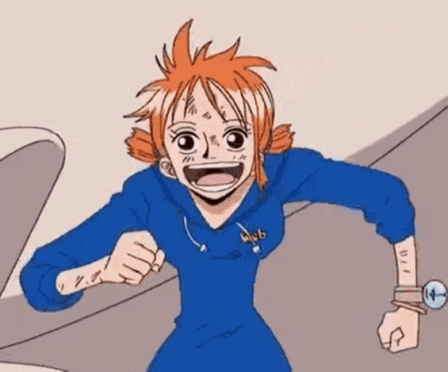 nami from one piece is running with her fist in the air and wearing a blue hoodie .