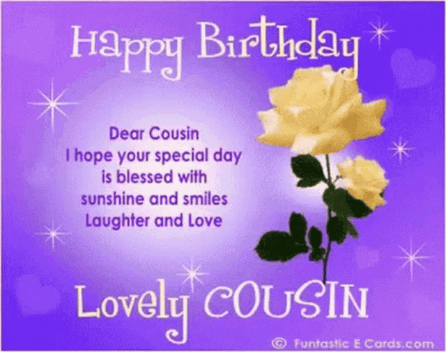 a birthday card for a lovely cousin with two yellow roses on a purple background