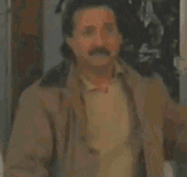 a man with a mustache is making a funny face while wearing a jacket .