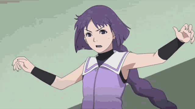 a girl with purple hair is wearing a purple top