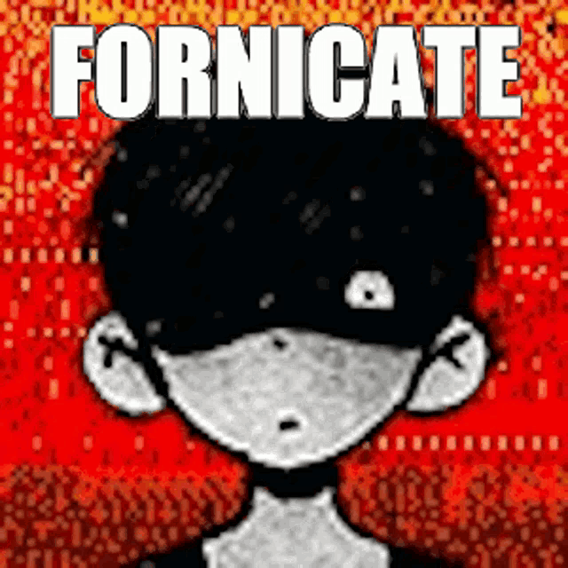 a black and white cartoon character wearing a mask with the words `` fornicate '' written on it .