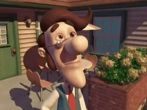 a cartoon character with a big nose and glasses stands in front of a house