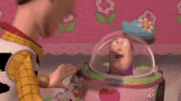 woody and buzz lightyear from toy story are standing next to each other in a room .