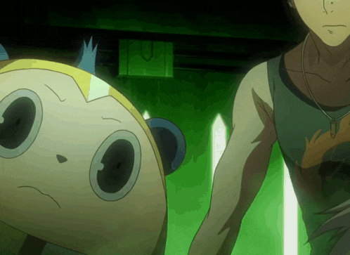 a man standing next to a stuffed animal with a yellow head