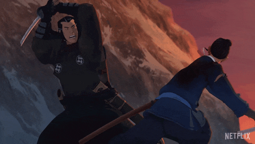 a man is holding a sword and a woman is holding a stick in a netflix ad
