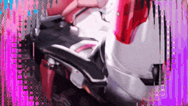 a painting of a person sitting on a motorcycle with a pink and purple background