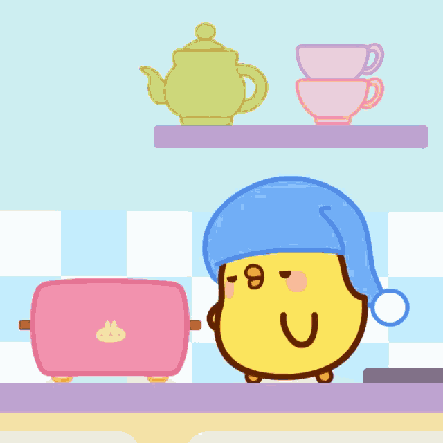a cartoon of a chicken wearing a blue hat standing next to a toaster
