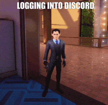a man in a suit and tie is standing in a hallway with the words logging into discord below him