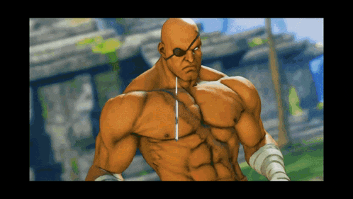 a bald man with a bandage around his eye is in a video game scene