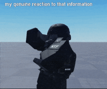 a video game character holding a shield that says " my genuine reaction to that information " on it