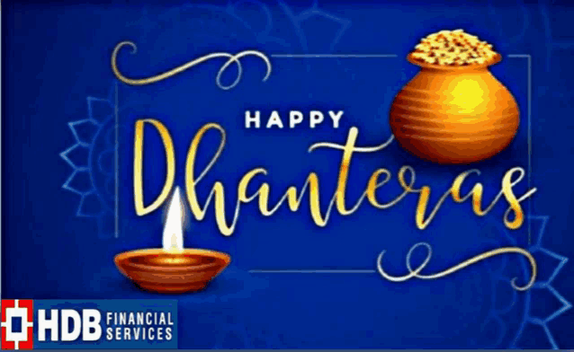 a blue background with the words happy dhanteras and a pot of gold