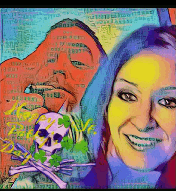 a colorful painting of a woman and a man with a skull and shamrocks