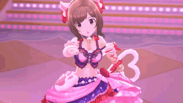 a girl in a pink dress with a cat ear and a bell