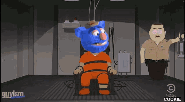 a cartoon character with a blue beard is sitting in a chair with a cowboy on the right