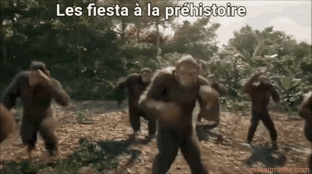 a group of monkeys are running in a forest with the words les fiesta a la prehistoire on the bottom