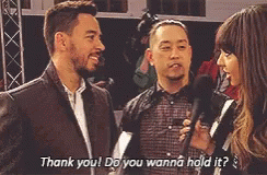 Joe Hahn Thank You Do You Want To Hold It GIF - Joe Hahn Thank You Do You Want To Hold It Mike Shinoda GIFs