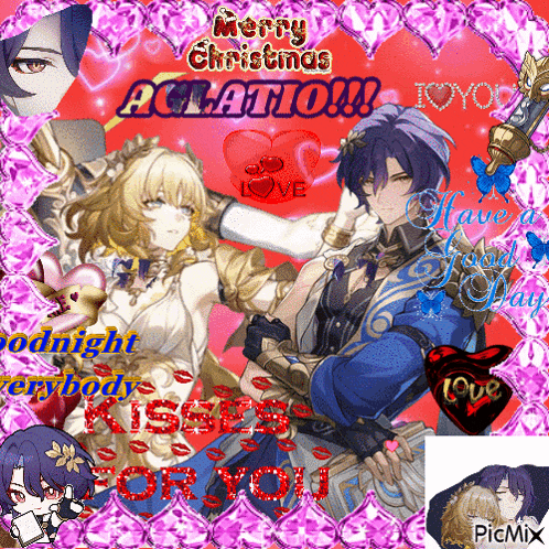 a merry christmas greeting card with anime characters and hearts