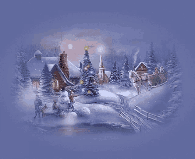 a painting of a christmas scene with a horse drawn sleigh pulling a christmas tree