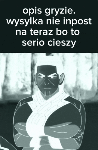 a black and white drawing of a man with the words opis gryzie wysyłka nie inpost na teraz bo to serio cieszy below it