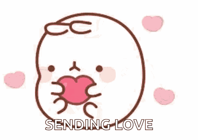 a cartoon rabbit is standing next to a large pink heart and sending love .