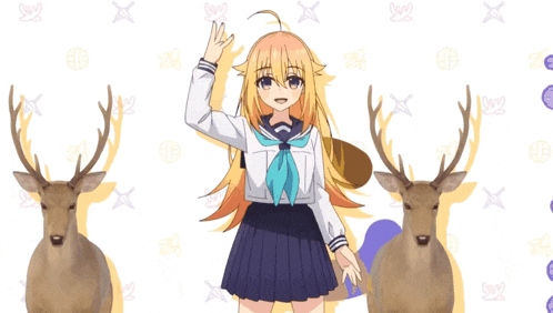 a girl in a school uniform stands next to two deer