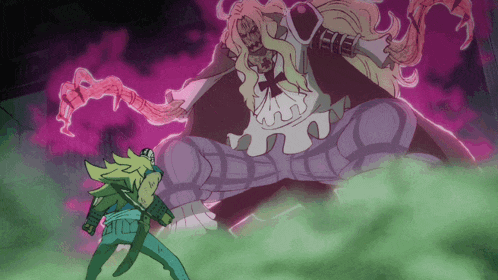 a cartoon drawing of a man standing in front of a monster with a purple background