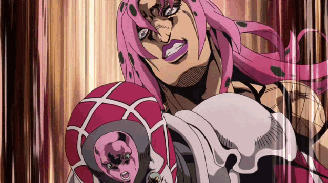 a cartoon character with pink hair and purple lipstick