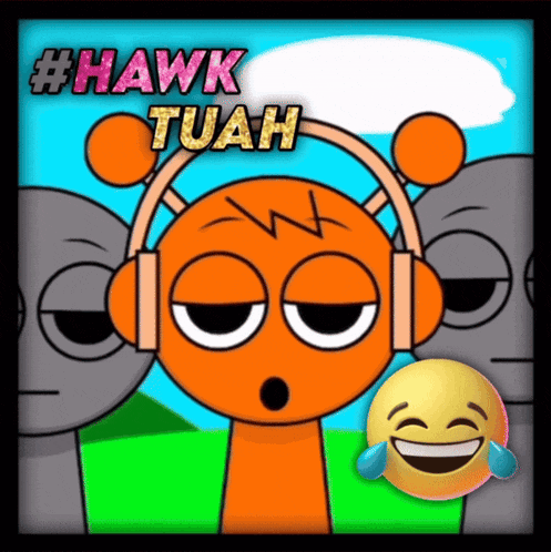 a cartoon character wearing headphones and the words #hawk tuah