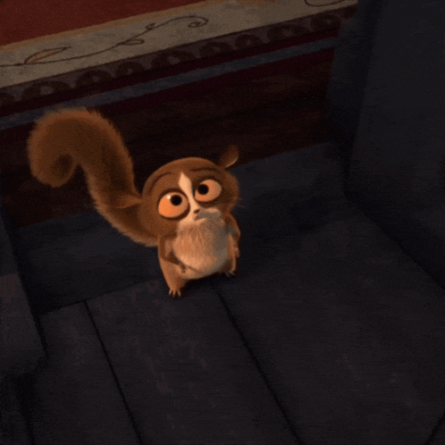 a cartoon squirrel standing on a dark wooden floor