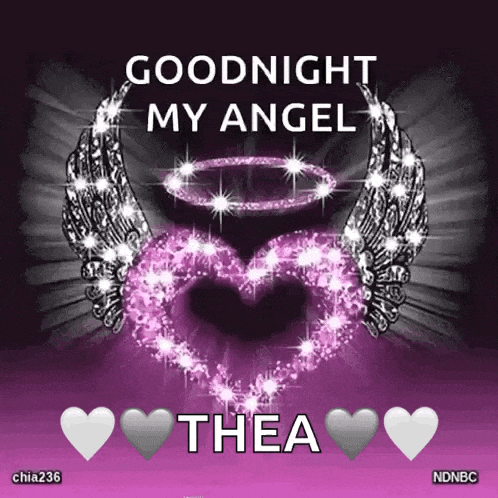 a purple background with a heart and wings and the words goodnight my angel thea