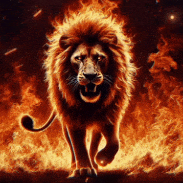 a lion is surrounded by flames and looks angry