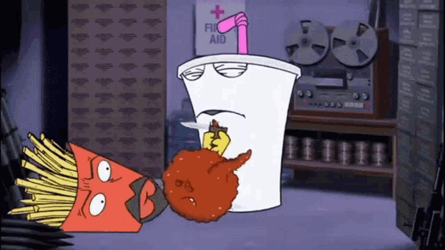 a cartoon character smoking a cigarette next to a first aid box