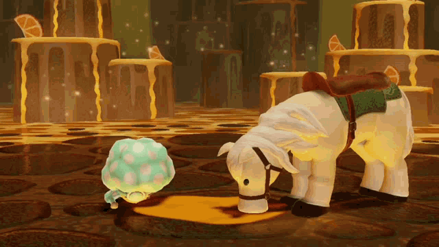 a cartoon sheep with a saddle on its back standing next to a green mushroom
