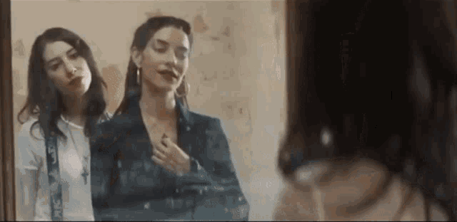 two women are standing in front of a mirror looking at their reflection .