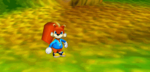 a cartoon squirrel wearing a blue shirt and blue shoes is standing in a field .