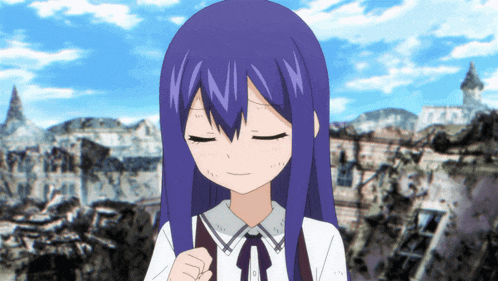 a girl with long purple hair has the letter n on her face