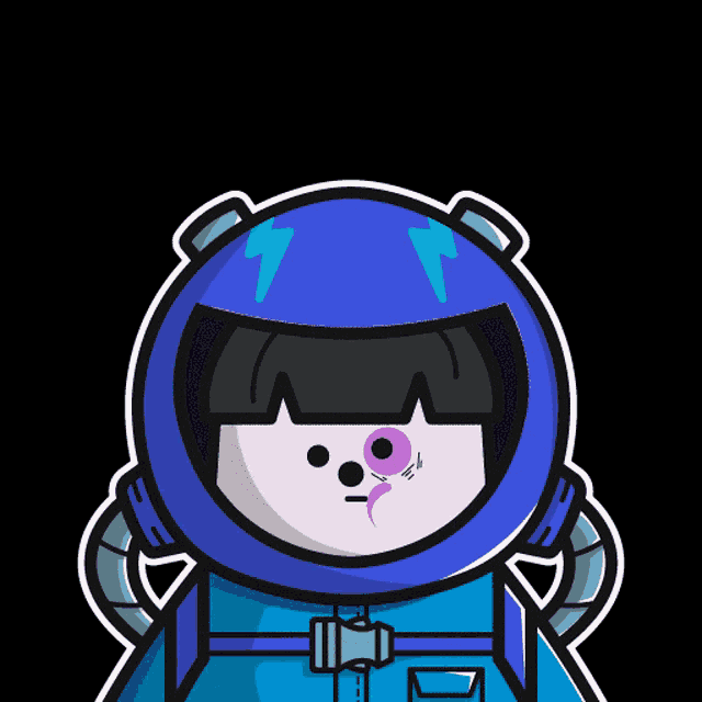 a cartoon drawing of a person wearing a blue space suit