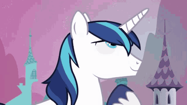 a cartoon unicorn with blue hair and a horn
